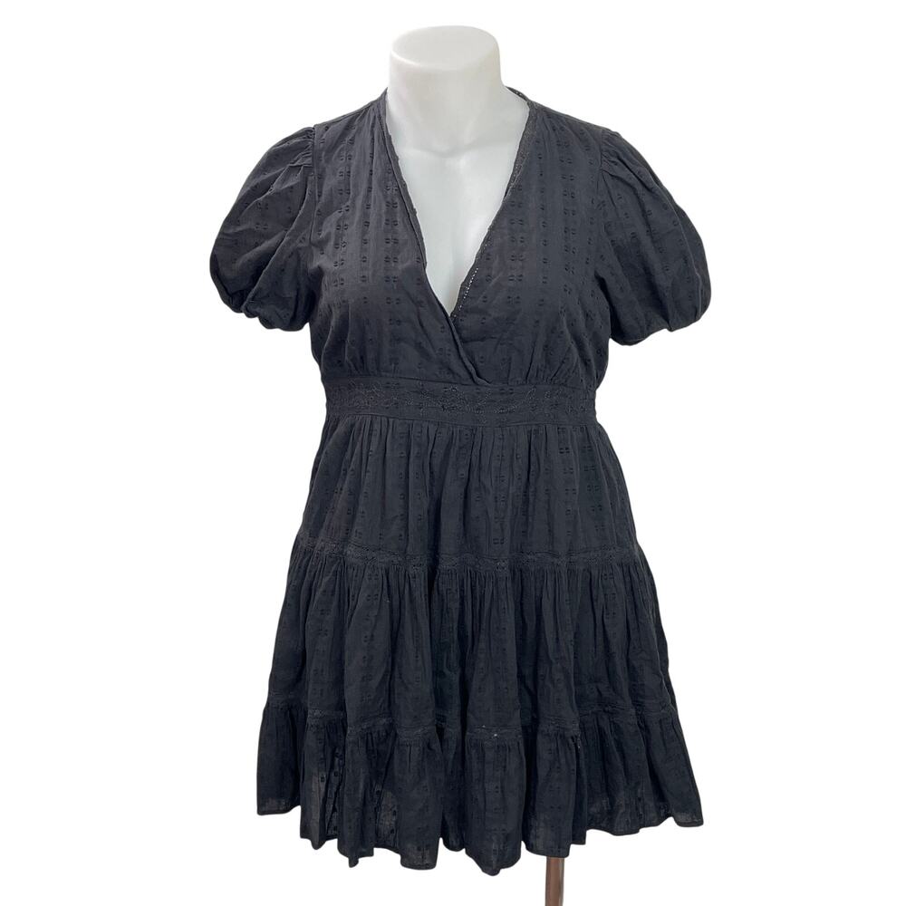 Zara Black Short Puff Sleeves Faux Wrap V-neck Tiered Fit & Flare Mini Dress XL